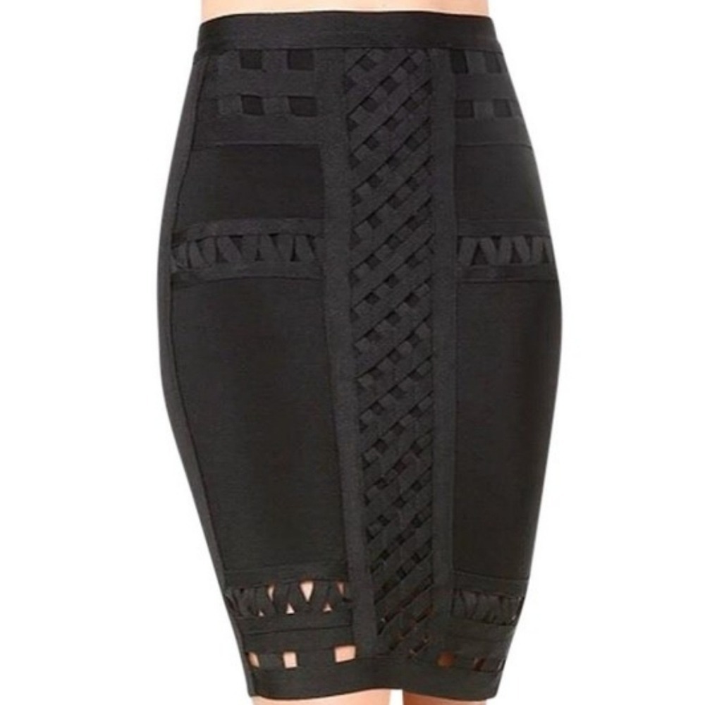 Bebe Black Stretch Lattice Bandage‎ Skirt High Rise Mini Medium